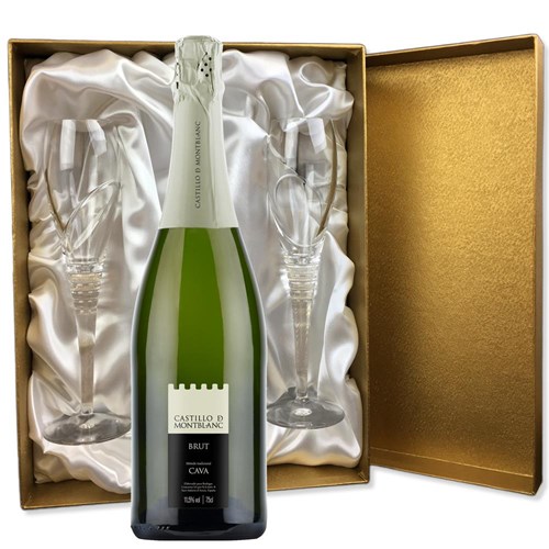Castillo de Mont-Blanc Cava 75cl in Gold Luxury Presentation Set With Flutes
